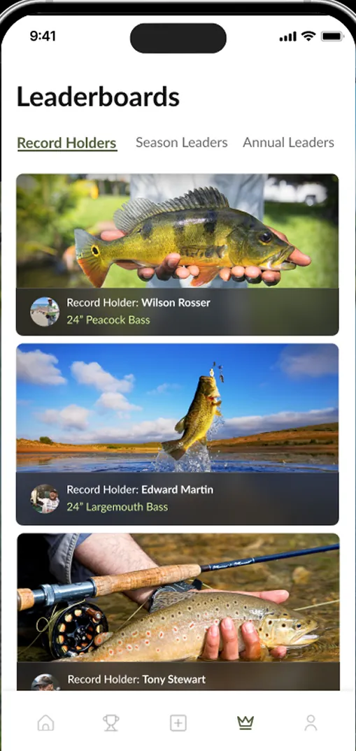 Record holders leaderboard showing top catches by species