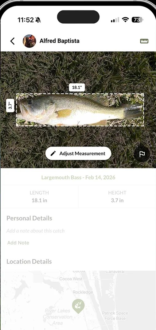 A largemouth bass being measured in the Fish Masters Live app